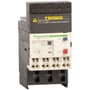 Schneider Electric TeSys LRD termorelæ i hvid og sort med advarselsmærkat om lysbue, med indstillingsskive og reset-knap.