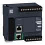 Nærbillede af Schneider Electric Modicon TM221 PLC controllerens front med mærkater for Ethernet, Serial, Analog IN og digitale I/O porte.