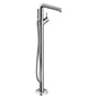 Hansgrohe Talis S kar- og brusersøjle set skråt fra siden, med kromtud, betjeningsgreb og håndbruser på slange.