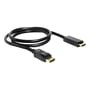 Det sorte DeLock DisplayPort til HDMI-A-kabel på 1 meter ligger oprullet med begge stik synlige.
