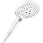Hansgrohe Raindance Select S 120 EcoSmart håndbruser i mat hvid, vist fra en vinkel der fremhæver Select-knappen og 120mm brusehovedet.