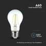 V-TAC A60 klar filament LED-pære med E27 fatning, vist med teksten 'No Flickering | No Mercury | No UV Radiation'.
