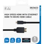 Emballagen til Deltaco HDMI til micro HDMI-kabel viser begge stik samt mærkning for 2 meter, 4K ved 60 Hz og 18 Gbps.