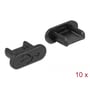 To sorte Delock støvhætter til USB 2.0 Micro-B hun porte, med USB-symbol og angivelse af 10 stk. på en hvid baggrund.