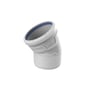 Wavin AS+ bøjning i hvid PP-M materiale med 125 mm diameter og 30 graders vinkel, med blå tætningsring.