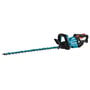 Makita 18V hækkeklipper med 500 mm sværd og kulfri motor, vist på hvid baggrund med fokus på det turkise design og sorte håndtag.
