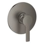 Grohe Lineare New etgrebsbatteri med rund rosette, 158mm diameter, i børstet antracit messing med metalgreb og tydelige varme/kolde markeringer.