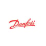 Danfoss logo i rød skrift på hvid baggrund.