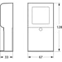 Målskitse af LK FUGA® Softline dæksel til panelunderlag, 1 modul, med bredde 67 mm, højde 128 mm og dybde 33 mm.