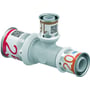 Uponor S-Press Plus T-stykke i PPSU til 25 x 16 x 20 mm rør, set skråt med rød og orange markering.
