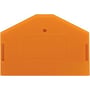 Detaljeret frontbillede af Wago ende- og mellemplade 2,5 mm tyk, fremhæver den orange farve og monteringsklips på siderne.