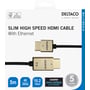 Detailæsken til Deltaco ultratyndt HDMI-kabel på 5 meter viser stik, kabel og oplysninger om 4K ved 30 Hz.