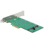 DeLock 89536 PCI Express-kort med to M.2-tilslutninger set fra den modsatte vinkel med beslag og guldkontakter.