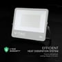 V-TAC LED-projektør med Cree-chip vist sammen med grafik om varmeafledning og garanti.