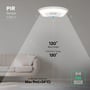 Grafik viser V-TAC LED-væglampens PIR-sensor og dens registreringsvinkel omkring den tændte lampe.