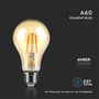 Detaljeret billede af V-TAC A60 filament pære med amber cover og E27 fatning, fremhæver 'No Flickering' og 'No Mercury'.