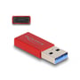 Delock USB adapter i rød, vist fra begge ender; en med USB Type-C hun og den anden med USB Type-A han stik.