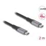 Nærbillede af DeLock USB-C 40 Gbps kabel, der viser de to USB-C han-stik med logo og angivelse af 2 meter længde og 40 Gbps hastighed.