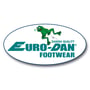 Euro-Dan logo med en grøn frø, teksten "DANISH QUALITY" og "EURO-DAN FOOTWEAR" i blågrønne bogstaver.