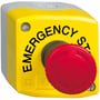 Schneider Electric nødstopkasse i gul polykarbonat med 1 hul og engelsk tekst "EMERGENCY STOP" og rød trykknap.
