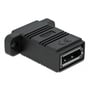 DeLock Easy 45 DisplayPort-adapter i sort set fra en anden vinkel, med hunstikket og det ene monteringshul tydeligt synligt.
