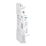 Schneider Electric Acti9 iSD alarmkontakt set fra siden, viser knapper til reset og test samt terminalmarkeringer.