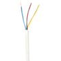 Hvid plastkappeledning H03 VV-F 3G0,75 med tre indre ledere, blå, brun og gul/grøn, isoleret i hvidt PVC.