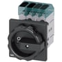 Siemens 3LD3 hovedafbryder 25A 3P+N med sort vippedrev og markeringerne O/I, vist med de transparente sikringsholdere.