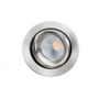 SG Armaturen Junistar Lux downlight i børstet stål med 7W LED, 2700K varmt lys og 580 lumen. Den har en flad, rund profil med et vipbart glas.