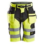 Frontvisning af Snickers Workwear Shorts+ 6933 med detaljer som lårlommer, lynlås og Cordura®-forstærkninger.