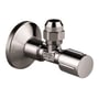 Grohe vinkelventil i Hard Graphite med 1/2" tilslutning og 3/8" udløb med kompressionsfitting. Ventilens håndtag er rundt og i metal.