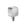 Hansgrohe Fixfit E slangeudtag i forkromet kunststof med 1/2" tilslutning og indbygget kontraventil på hvid baggrund.