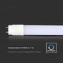 V-TAC 18W T8 LED rør med G13 fatning, vist med funktionerne 'Instant start' og 'Rotatable' på mørk baggrund.