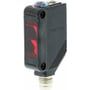 Omron lysbom med reflektor, frontvisning af sensoren med røde lysdetekteringslinser og M8-stik.