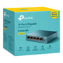 TP-Link LiteWave LS105G-switchen er afbildet på den turkise og gule emballage med fem Gigabit-porte.