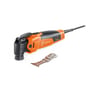 Fein Multimaster MM 500 Plus 350W multiværktøj med orange og sort design, vist sammen med en bimetal-savklinge på hvid baggrund.