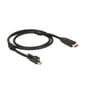 DeLock Mini DisplayPort 1.2 til HDMI 2m kabel i sort, præsenteret i en løs snor på hvid baggrund.