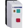 Schneider Electric TeSys LE motorstarter i hvidt IP65 kabinet med grøn startknap og rød stopknap.