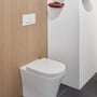 Hvid Villeroy & Boch Viconnect E300-betjeningsplade monteret på en træbeklædt væg over et toilet.