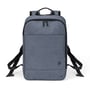 Forsiden af den blå denim Dicota Eco Backpack Slim MOTION 13 - 14.1" rygsækken med diskret logo.