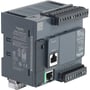 Schneider Electric Modicon TM221 PLC controller med 24V DC forsyning, Ethernet og RS232/RS485 porte vist fra siden og fronten.