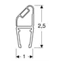 Målskitse af Contura Shower magnetstribens profil med magnet og mål på 1 og 2,5 cm.