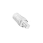 Hvid G24D til E14-adapter til 230 V, set fra G24D-stikenden med metalstifterne synlige.