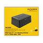 DeLock USB Type-C 3.1 docking station for 2 x SATA HDD/SSD præsenteret med information om clone funktion og datahastighed på gul baggrund.