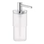 Elegant GROHE Atrio sæbedispenser i krom og matteret glas, med en blank metal pumpe og tud.