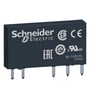 Schneider Electric Zelio RSL1AB4JD-relæ set mere forfra med mærkning, godkendelsessymboler og printben synlige.