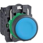 Schneider Electric trykknap, blå, 22mm diameter, med sort paddetryk og 1NO kontakt, set forfra.