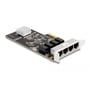 DeLOCK PCI Express x4-netværkskortet set skråt forfra med fire RJ45 Gigabit LAN-porte.