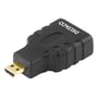 Deltaco HDMI-adapter med mikro-HDMI-stik forrest og HDMI-hunporten synlig i den anden ende af det sorte hus.