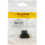 DeLOCKs sorte T-formede HDMI-adapter med 19-pin hunstik og Mini-HDMI- og Micro-HDMI-stik ligger i en klar emballage.